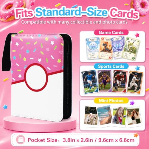 4-Pocket Trading Card Binder - Holds 400 Cards, Pink Donut Design