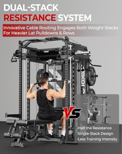 Smith Machine Power Cage Home Gym System with LAT Pulldown & Cable Crossover - Black / HORUS Set (With Bench & 230lb Plates)