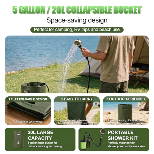 ECUMFFY Green Portable Camping Shower with Rechargeable Pump & Digital Display