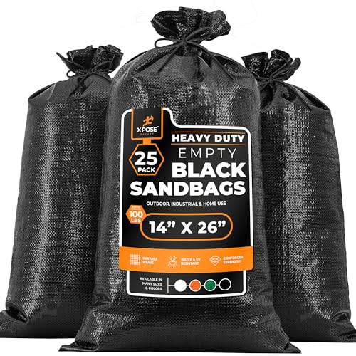 Xpose Safety Heavy Duty Sand Bags with Tie Strings ? Empty Woven Polypropylene Sandbags for Hurricane Flood Protection, 100 lb Capacity, 14" x 26", Black, Pack of 25