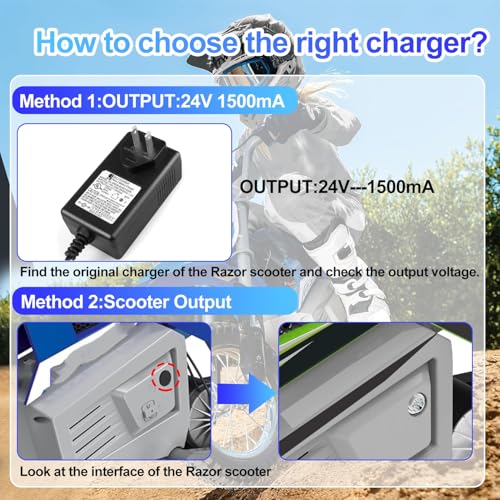 EGK 24V Replacement Charger for Razor E-Scooters & Dirt Bikes - Black, 6.6FT