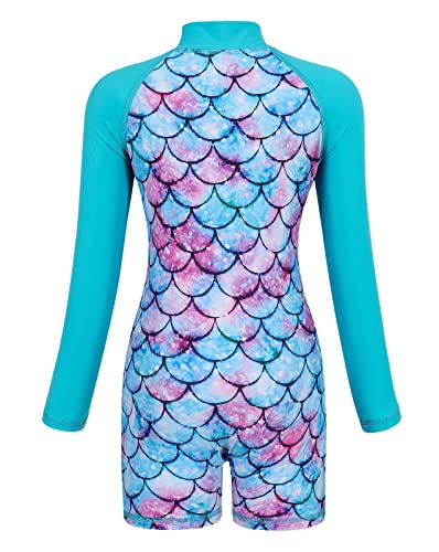 Kids One-Piece Swimwear Rash Guard - Mermaid/Floral - 7-8 Years / Blue