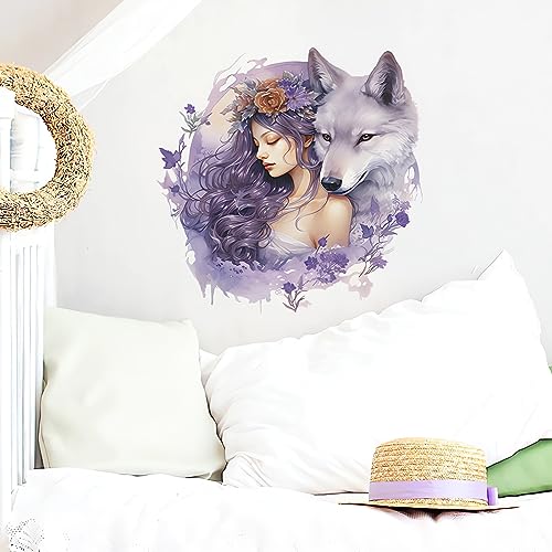 Vivid Purple Wolf Girl Wall Stickers, sacinora Creative Cold Beauty Art Wall Decals Removable Vinyl Peel and Stick for Nursery Living Room Bedroom Children's Room Decorations