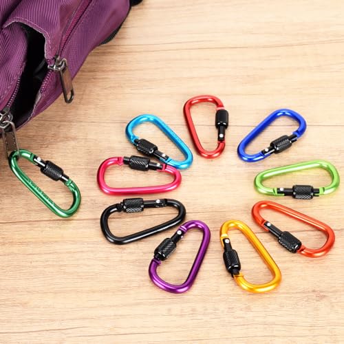Aluminum D-Ring Carabiner Clips - 10 Pack, 2.28 Inch Locking Snap Hooks