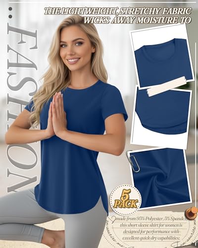 Velvelhall 5-Pack Women's Workout & Yoga Shirts - Quick-Dry, UPF 50+ Activewear Tops