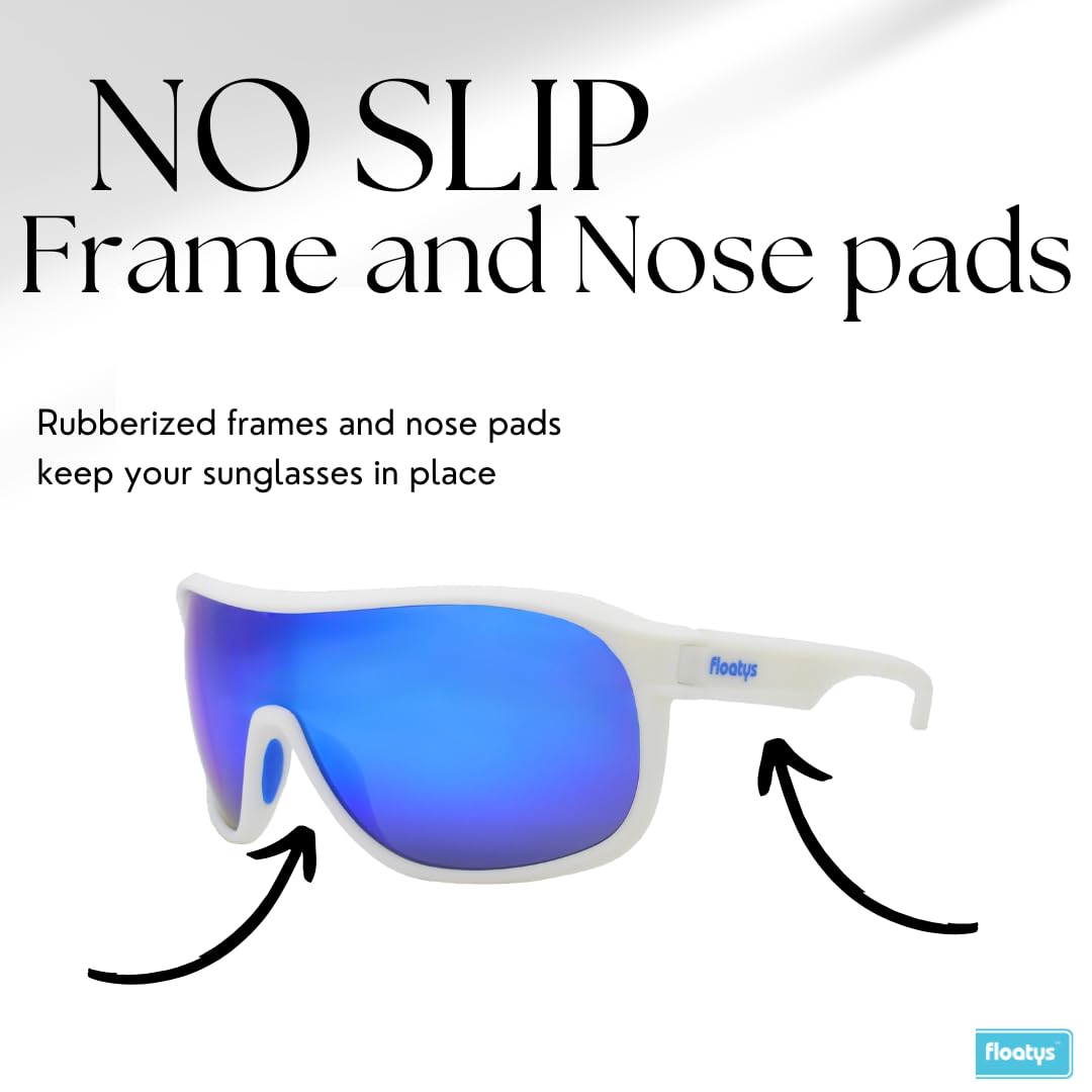 Floatys Floating Sunglasses Rubberized Rapids | Polarized Water Repelling Lenses | Sport shield wrap around | Men and Women (White Frame/Red Mirror Lens)