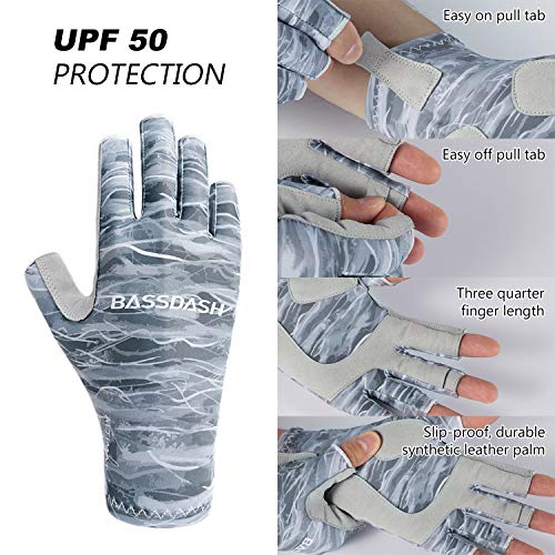 BASSDASH Altimate UPF 50+ Sun Protection Fishing Gloves - Grey Camo, Large