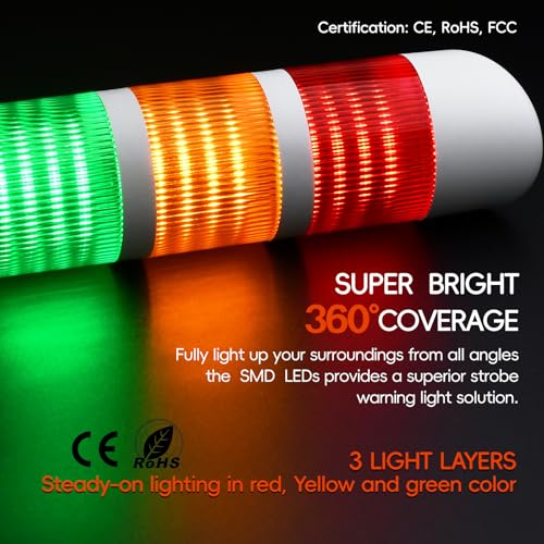 3-Layer Led Signal Tower Stack Lights, Industrial Signal Warning Lights, Column Tower Lamp with Rotatable Base Steady 24V DC/AC with Buzzer