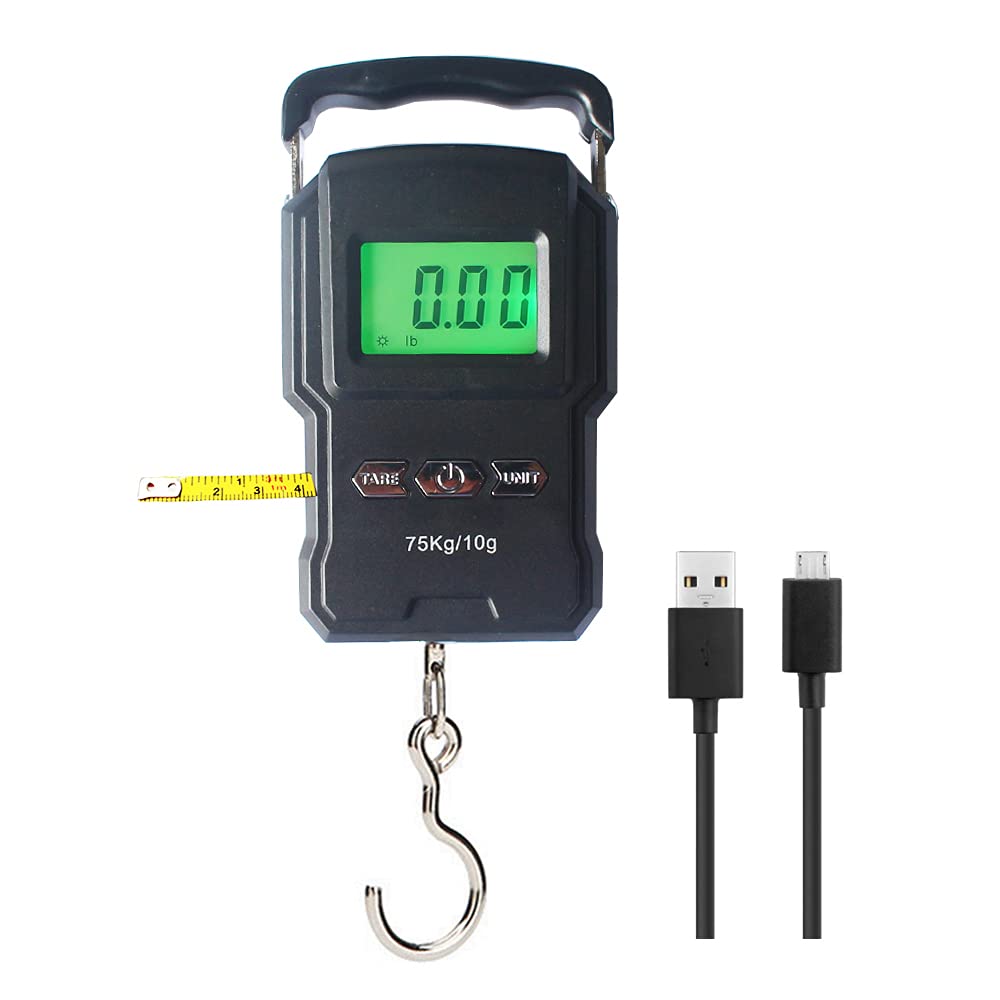 Skiennix Rechargeable Luggage Scale - Portable Digital Hook Scale with Measuring Tape, 165Lb, Black