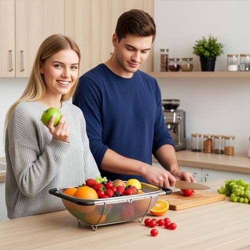 2 Pack Over Sink Oval Colanders - Stainless Steel Mesh Strainers with Expandable Handles, 6 Quart Capacity