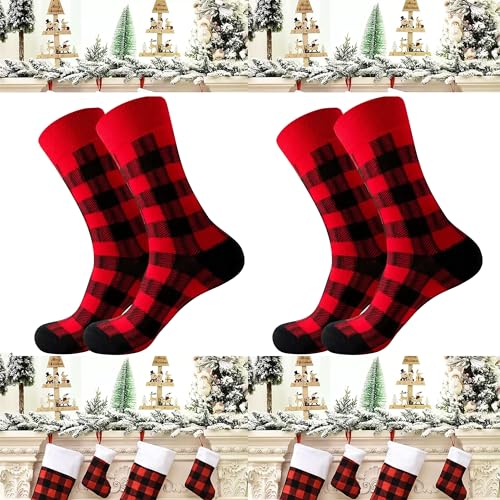 Buffalo Plaid Crew Socks - Soft Cotton Hiking Socks for Women - Red