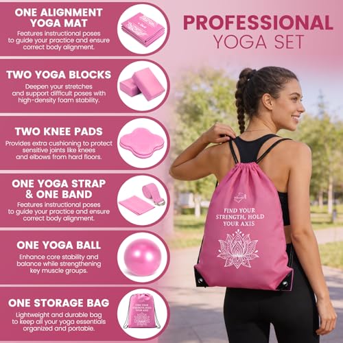 Foldable Yoga Mat Set with 2 Yoga Blocks & Strap - Pink