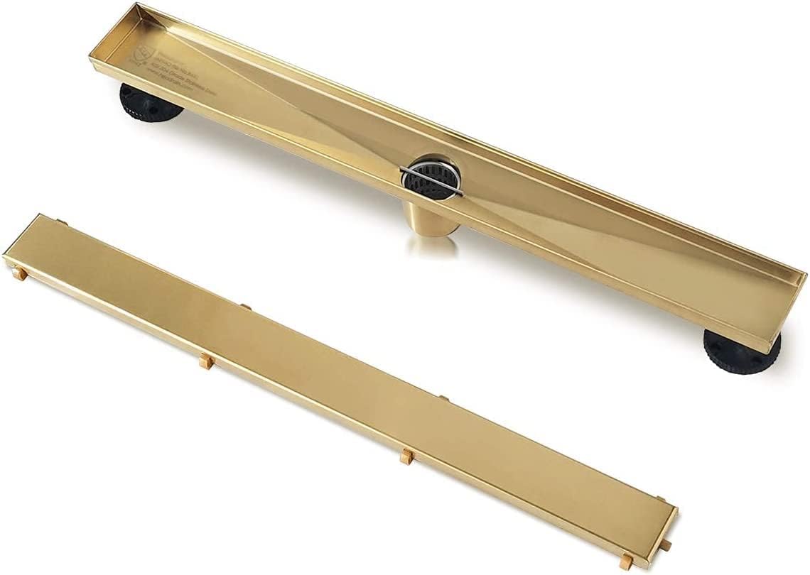 Neodrain 18-Inch Gold Linear Shower Drain - Brushed Brass, Tile Insert Cover & Hair Strainer