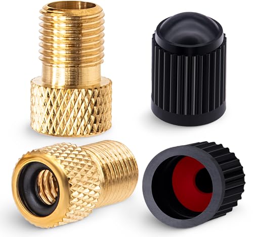 Brass Presta to Schrader Valve Adapter Set with Tire Caps - 2 Pack