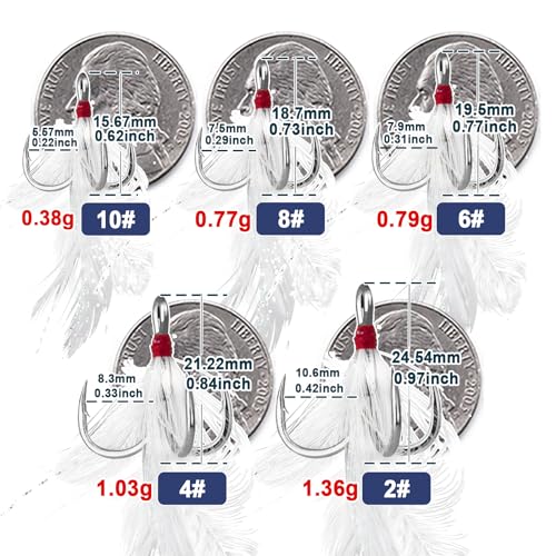 15Pcs Feathered Treble Hooks - Premium Carbon Steel, Size 8#
