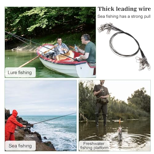 Fishing Leaders - 50 Pcs Stainless Steel Wire Leaders with Snap & Swivel - Black