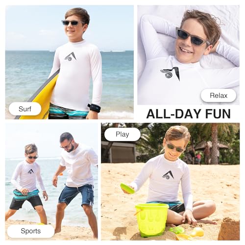 Boys' Long-Sleeve Rash Guard Swim Shirt - White, Size 14-16