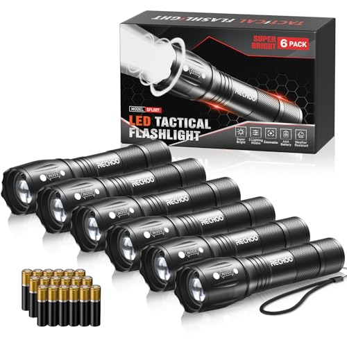 RECHOO 6-Pack Black Mini LED Flashlights - Compact, Waterproof, 3 Modes, Focus Adjustable, Emergency & Camping Light