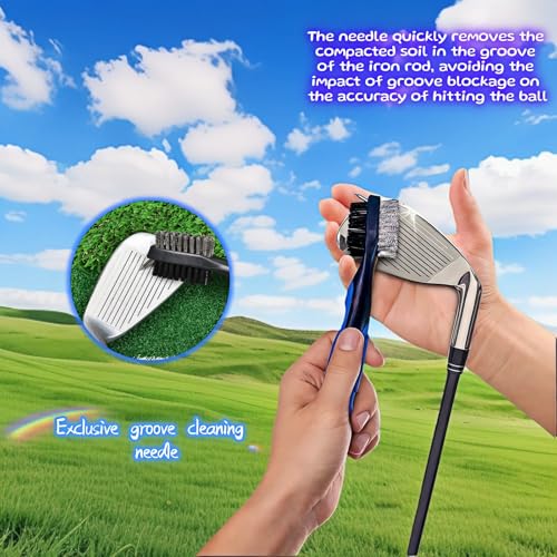 Dual-Sided Golf Club Brush with Retractable Zip-Line & Groove Spike - Blue