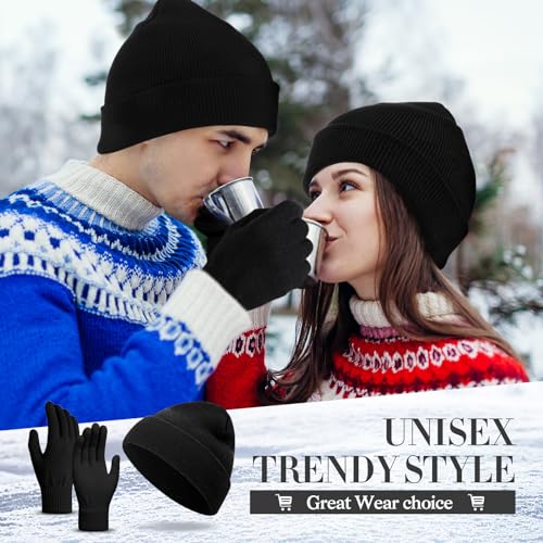 Winter Beanie Hat and Gloves Set - Black