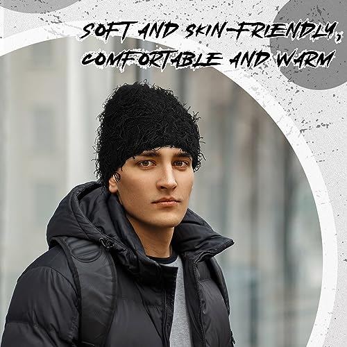 Distressed Knitted Beanie - Thick Warm Fuzzy Winter Hat - Black
