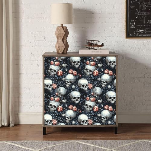 17.7"x118.1" Gothic Peel and Stick Floral Skull Wallpaper Sugar Skull Floral Vinyl Wallpaper for Bedroom Grey Black Pink Removable Accent Wall Decorations