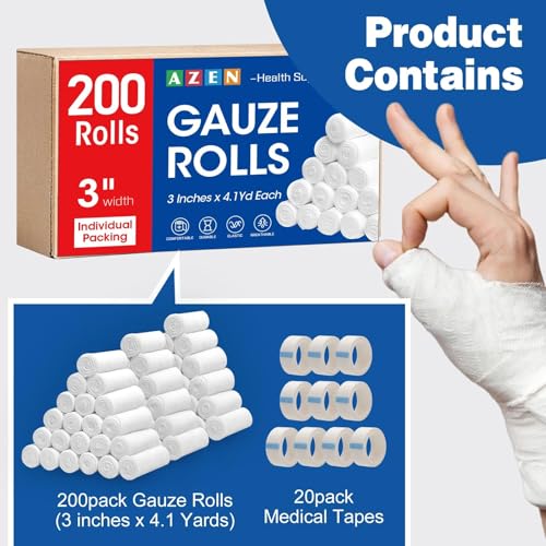 AZEN 200 Pack Gauze Rolls Bandages 3-Inch x 4.1 Yards First Aid Supplies - Vet & Medical Wrap (Variation: 200p / 3IN)