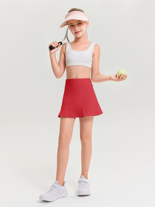 Haloumoning Girls Athletic Tennis Golf Skirts with Shorts Kids High Waist Ruffle A-line Skorts with Pockets 5-14 Years Red