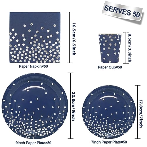 Navy Blue and Silver Party Plates Set 200pcs - Disposable Dinnerware for 50 Guests