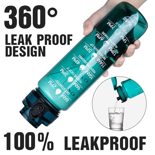 OLDLEY 32oz Deep Sea Water Bottle with Time Marker - Motivational Sports Flask