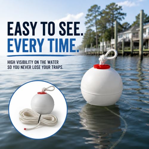 OceanBuilt 6" White PVC Fishing Marker Buoy with 30 ft Sinking Rope – Crab/Lobster Pot Traps