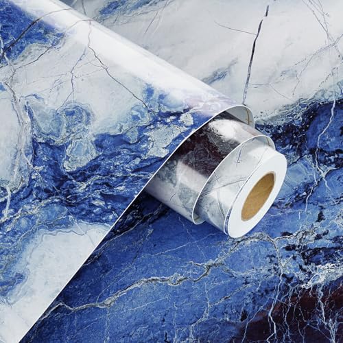 WESTICK Blue Glossy Marble Contact Paper for Countertops Self Adhesive Marble Counter Top Peel and Stick Waterproof Blue Granite Contact Paper for Kitchen Backsplash Table Desk Vinyl 15.8"x80"