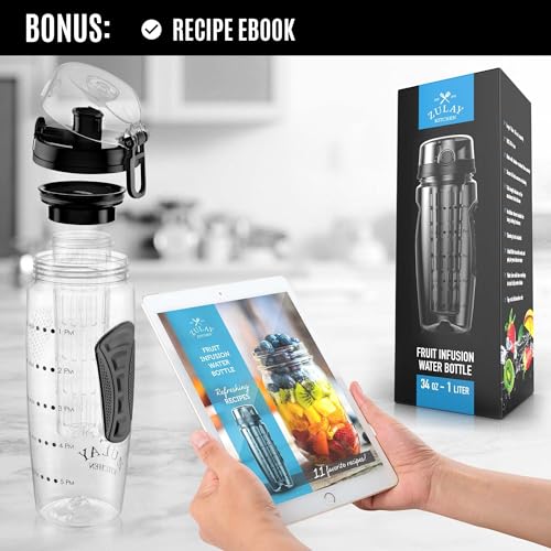 Zulay Fruit Infuser Water Bottle 34oz Jet Black Leakproof with Full-Length Infusion Rod
