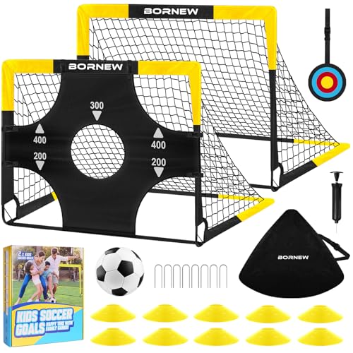 BORNEW 4' x 3' Black Yellow Kids Soccer Goal & Target Set (2 Goals, Ball, Pump, Cones) - Includes 4' x 3' Targets