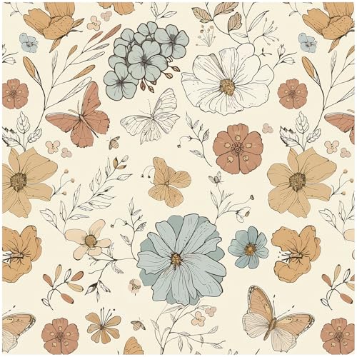 Beige Floral Wallpaper Peel and Stick Wallpaper Boho 17.3"¡¿78.8" Colourful Flower Butterfly Removable Self Adhesive Wall Paper for Bedroom Floral Contact Paper for Cabinets Mural Decor