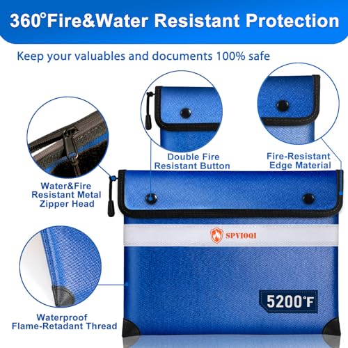 Upgraded Fireproof Document Bag - 5200F Heat Insulated, 14.2"x11" Fireproof Money Bag with 8 Layers of Functional Materials, Water & Fire Proof with Zipper/Metal Snap/Reflective Strip