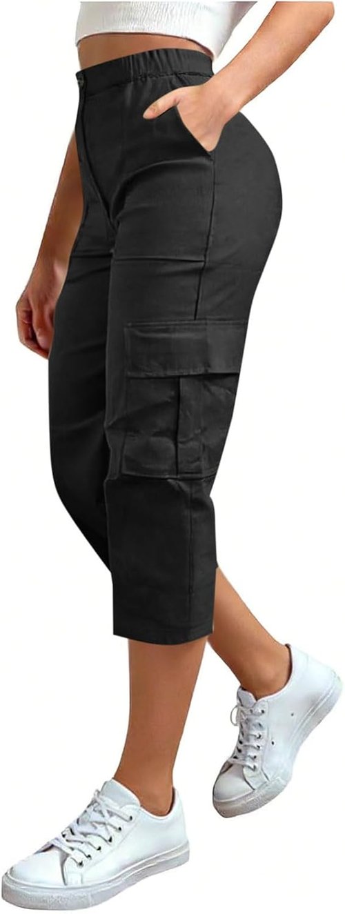 LRMQS Cargo Capris for Women - Plus Size High-Waisted Casual Pants with Pockets | Summer Cropped Style