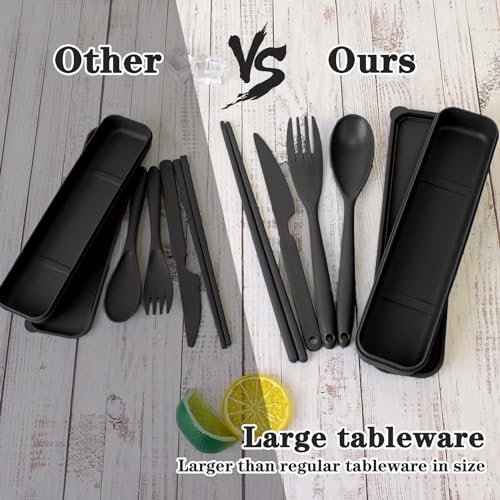 Large Reusable Travel Utensils Set with Case, Plastic Camping Cutlery - Black