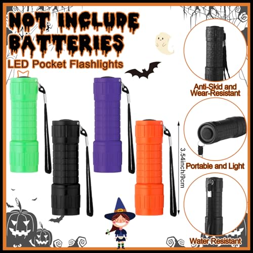 Flutesan 24 Sets Halloween Gifts Bulk Flashlights Set with a Little Light for Halloween Night Cards 9 LED Handheld Lights with OPP Bag for Trick or Treat Party Favors