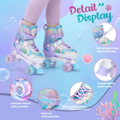 K KORMAN Purple Adjustable Kids Roller Skates for Girls, Light-Up Wheels, Safety, Medium - Big Kid