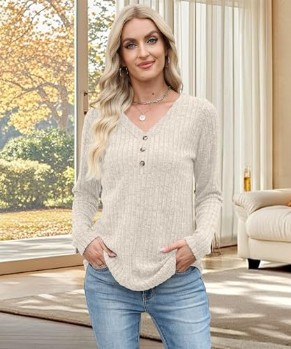 Womens Long Sleeve V Neck Sweater Tunic Top - Apricot, Large