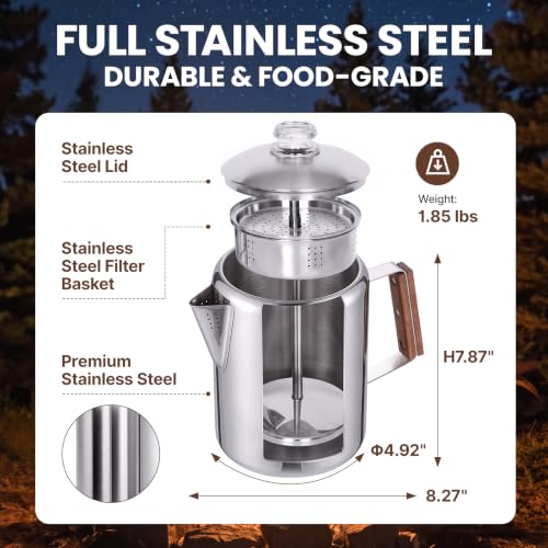 KingCamp Silver 9-Cup Percolator Coffee Pot Stainless Steel Camping Kettle