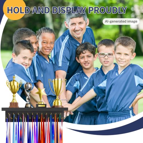 Wooden Medal Display Rack with 25 Steel Hooks - Trophy Shelf Organizer