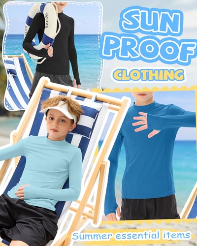 JoyMotion 3-Pack Boys Long Sleeve Rash Guard Swim Shirts - Black, Royal Blue, Light Blue, 5-6 Years