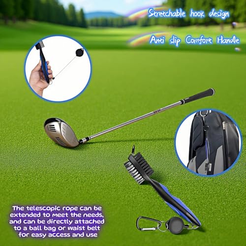 Dual-Sided Golf Club Brush with Retractable Zip-Line & Groove Spike - Blue