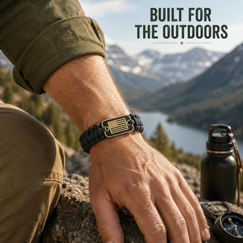 Adjustable Paracord Bracelet for Men - Bronze USA Flag - Black / M (8.2-9.2in)