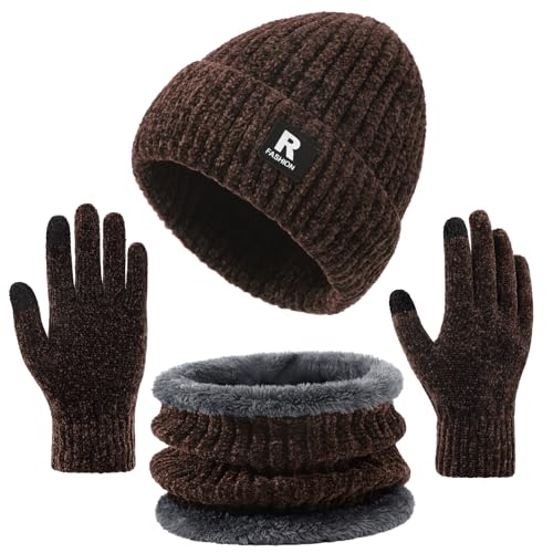 Winter Beanie Hat, Gloves & Scarf Set for Men & Women - Warm Chenille