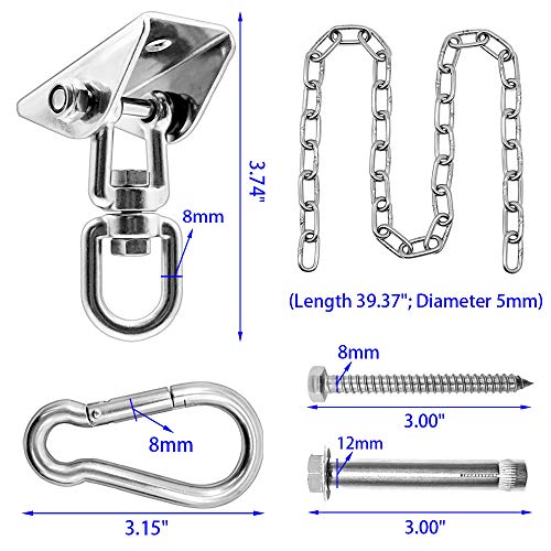 Gelury Silver Hammock Hanging Kit with 39-inch Chain, 1000lbs Capacity, Swivel Hooks for Indoor & Outdoor Use