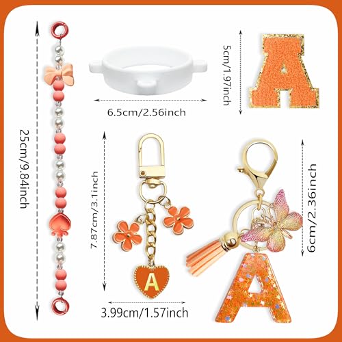5-Piece Water Bottle Accessory Set - Pearl Strap & Letter Charm - Orange / W