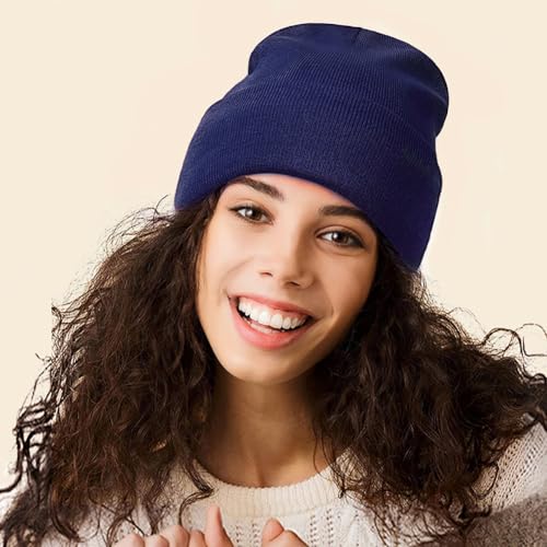 Satin Lined Slouchy Beanie for Women - Soft Knit Winter Hat - Navy Blue
